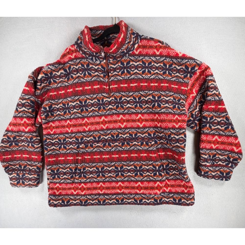 American Eagle Sherpa Fleece Pullover Fair Isle Red Blue Mens Large Vtg Style